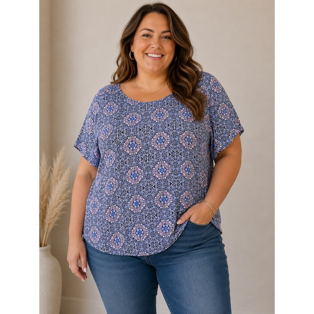 Philosophy Republic Clothing Womens 2X Blue Medallion Paisley Short Sleeve Top